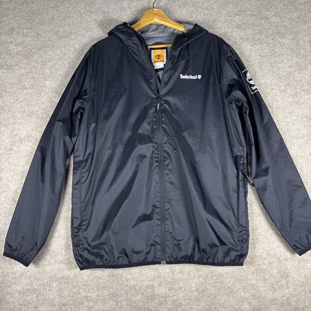Timberland Men's Black Hooded Windbreaker Rain Jacket Full Zip Size Medium